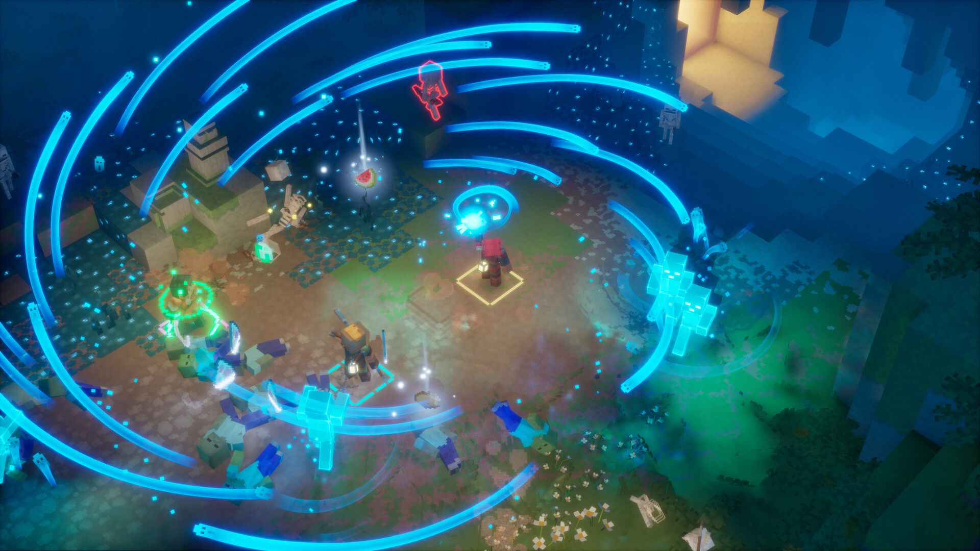 Combat in Minecraft Dungeons II: a blue energy vortex around a red-armored hero