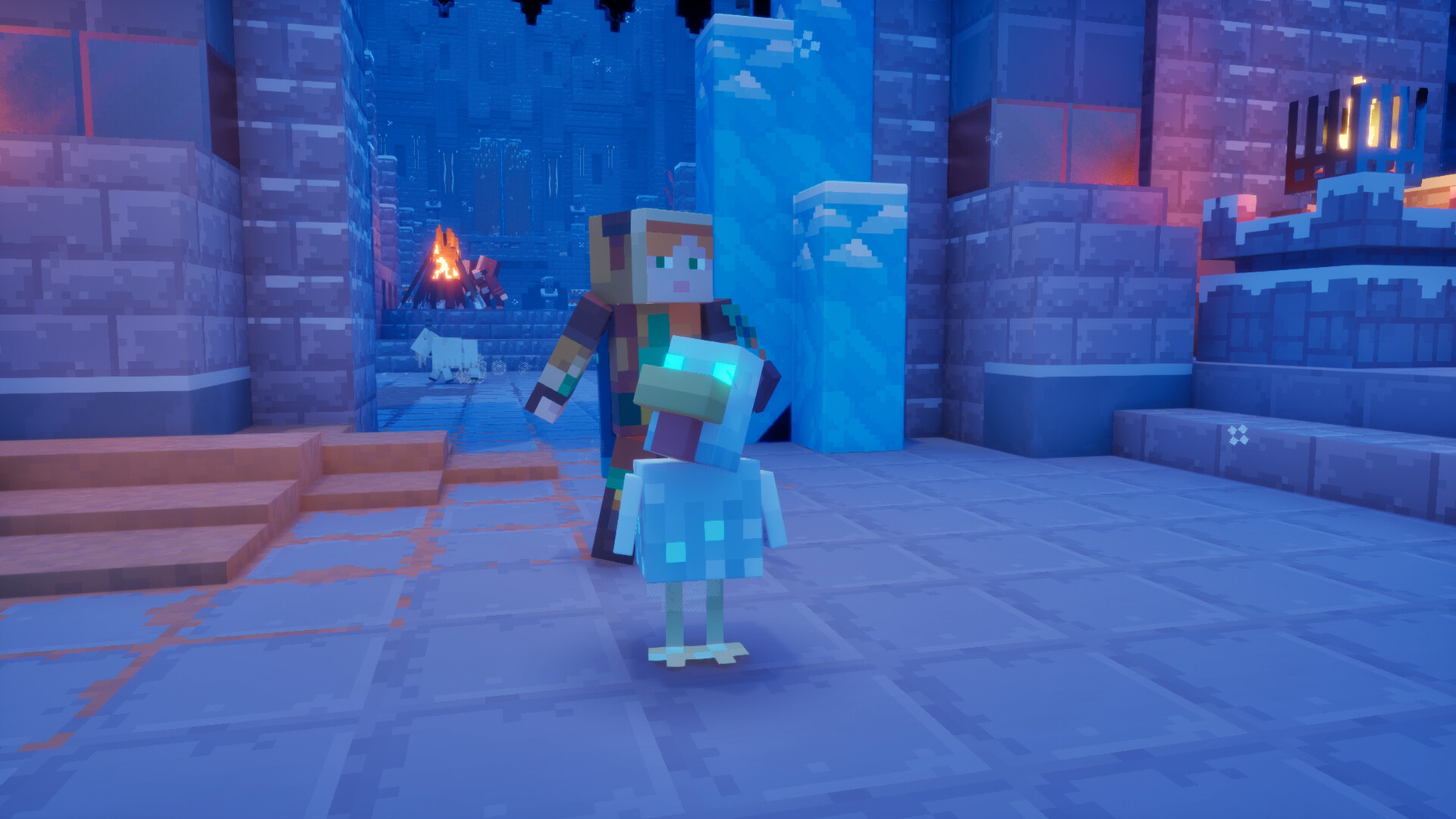 Ein Held mit einem leuchtäugigen Hühner-Haustier in einer eisigen Festung bei Nacht in Minecraft Dungeons II