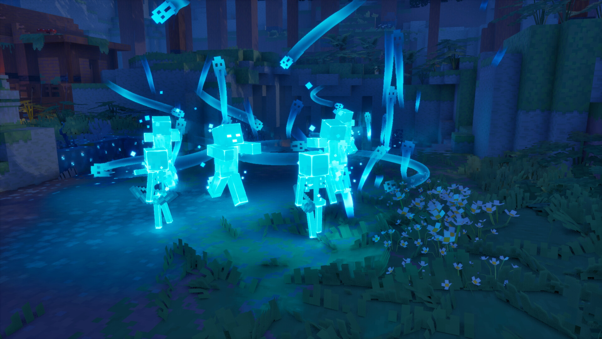 Spectral blue skeletons marching through a night forest in Minecraft Dungeons II