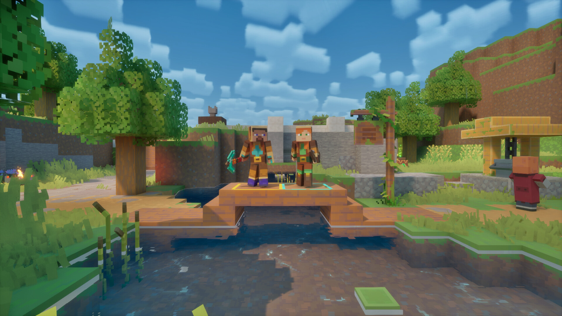 Heroes crossing a village bridge during the day in Minecraft Dungeons II