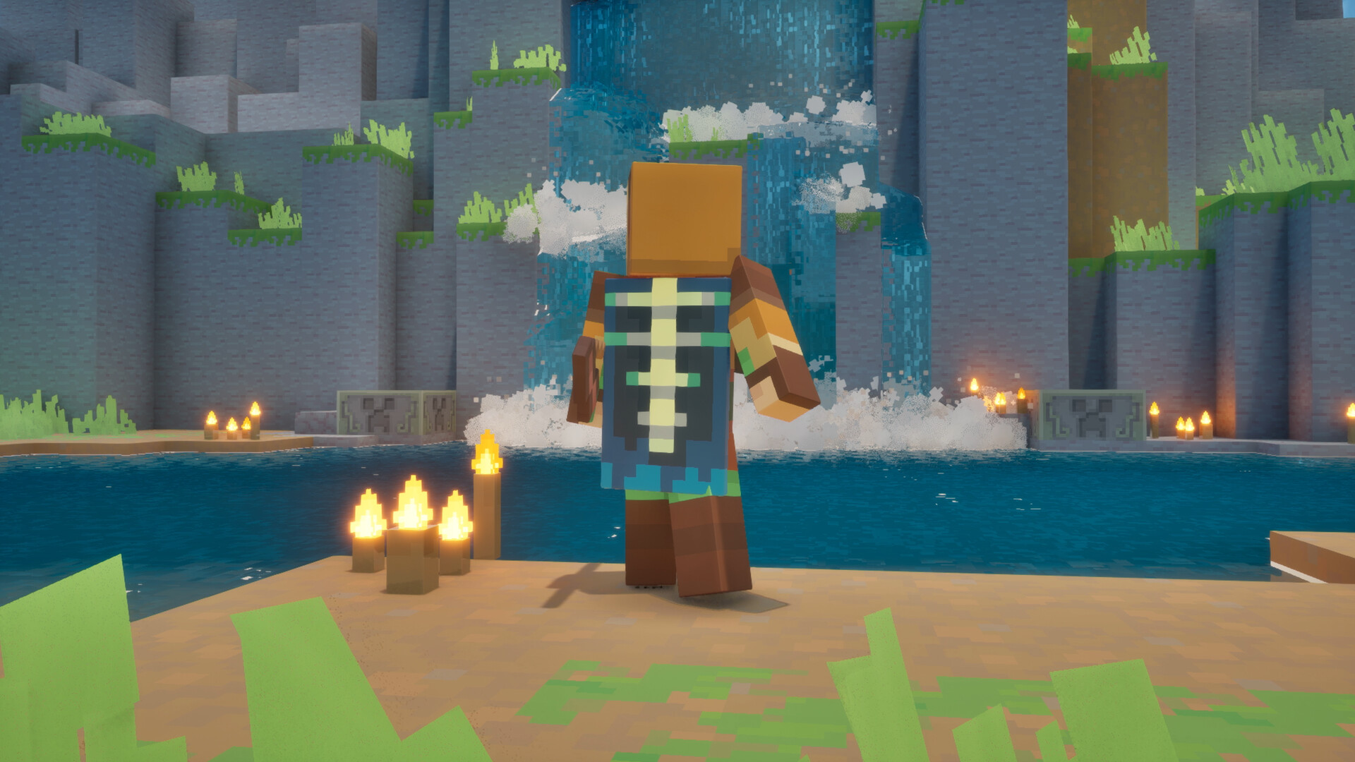 Um herói observa um lago com cachoeira em Minecraft Dungeons II