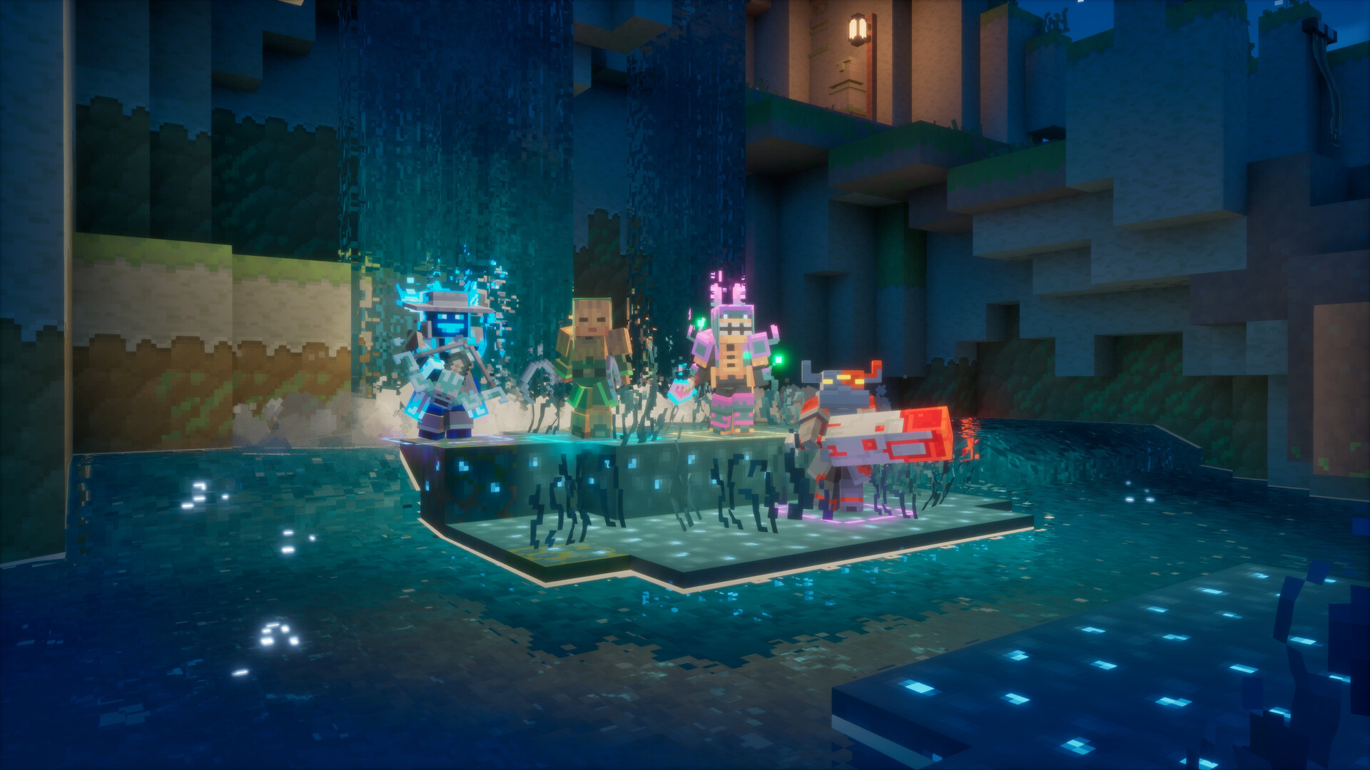 Four heroes with distinct gear standing on a glowing platform at night in Minecraft Dungeons II